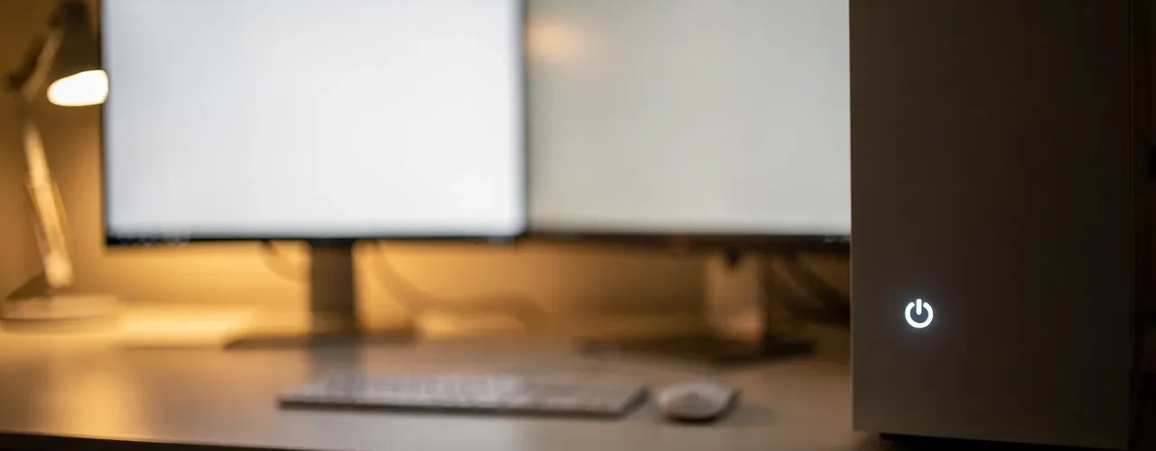 Bureau avec écran PC, bouton power unique pour allumage simultané PC et écran