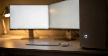 Bureau avec écran PC, bouton power unique pour allumage simultané PC et écran