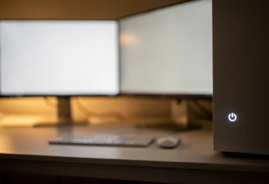 Bureau avec écran PC, bouton power unique pour allumage simultané PC et écran