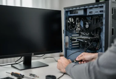 Diagnostic d'un PC qui s'allume mais dont l'écran reste noir sur un bureau de dépannage informatique