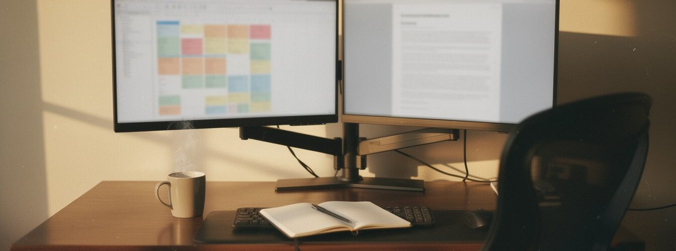 Bureau en bois avec deux écrans identiques sur un bras double, un tableur et un document ouverts côte à côte, lumière de fin de journée